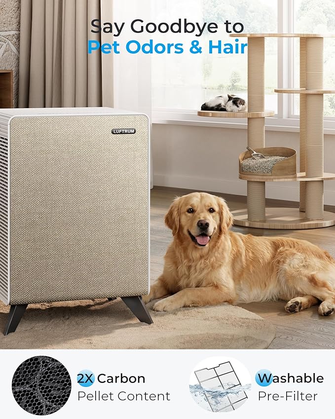 Air Purifiers for Home Large Room Up to 2250 ft² - Remove 99% of Smoke Allergies Pet Dander Odor - Dual 3-Stage Filter of Washable Filter and with AQI, Auto Mode, Sleep Mode, Beige, Large