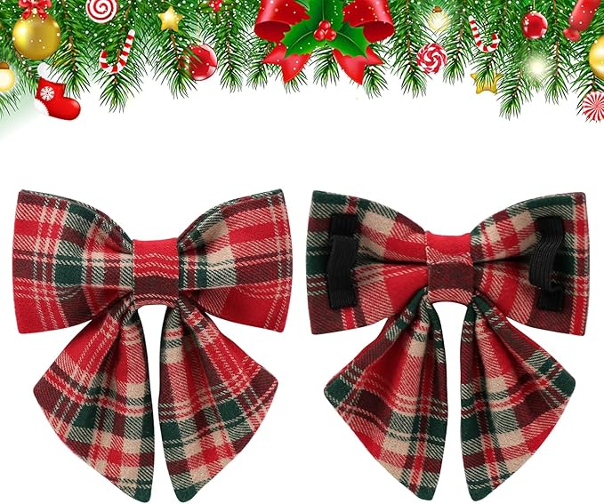 Christmas Plaid Dog Collar with Bow Tie– Adjustable Red & Green Checkered Dog Collar for Small Medium Large Dogs, Soft Xmas Plaid Puppy Collars with Quick Release Buckle XL