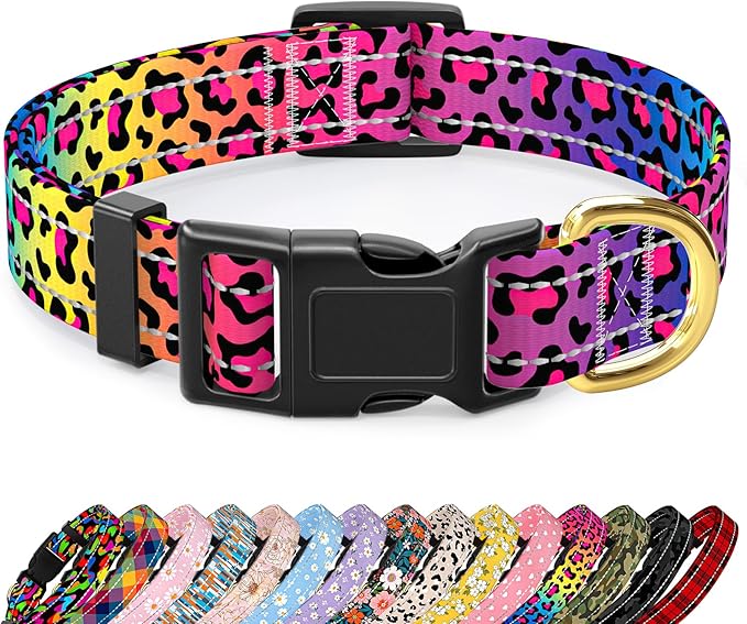 Reflective Dog Collar for Extra Small Dogs Cats, Cute Leopard Style Adjustable Heavy-Duty Nylon Puppy Collar for Boy and Girl Female, Soft Pet Accessories with Quick Release Buckle, Neon