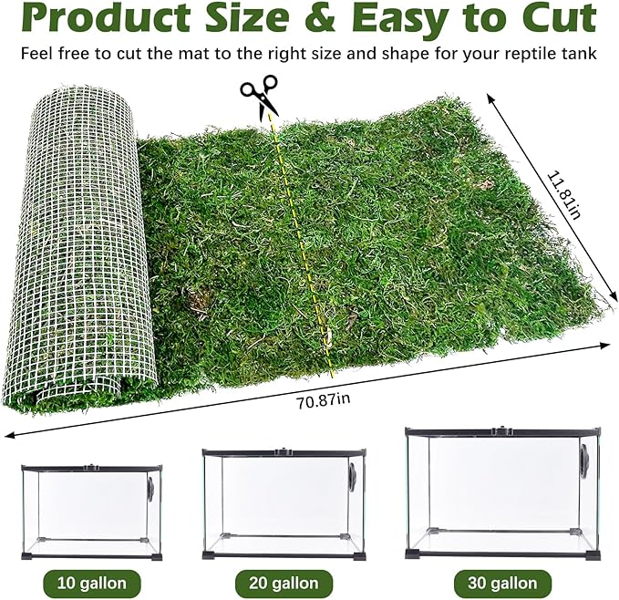 Reptile Carpet Cuttable Terrarium Mat Artificial Moss Reptile Liner Green Substrate Flooring Bearded Dragon Tank Accessories for Leopard Gecko Lizard Snake Tortoise (11.81" x 70.87")