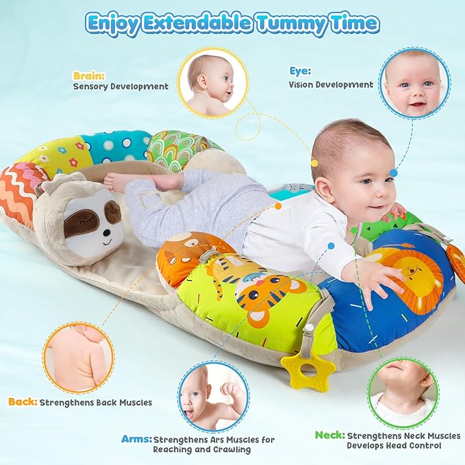 URMYWO Tummy Time Mat - 4 in 1 Cozy Tummy Time & Seated Support Pillow, Tummy Time Pillow for Newborn 0-12 Months, Infant Baby Sit Me Up Floor Seat Early Sensory Development Gifts Tummy Time Play Toys