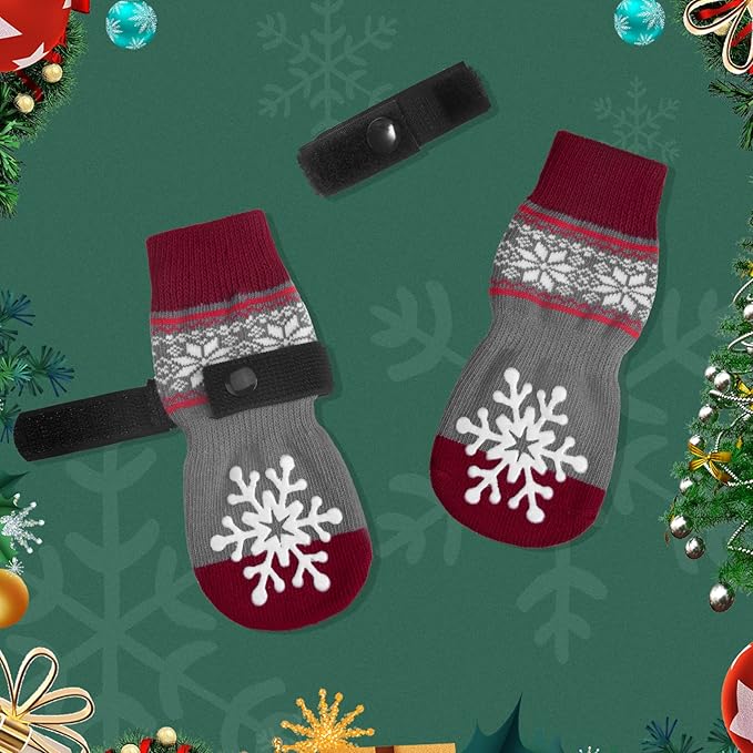 BEAUTYZOO Christmas Winter Anti-Slip Dog Socks with Grips Traction Control for Small Medium Large Dogs, Non Skid Indoor Double Side Pet Paw Protector for Hardwood Floor Wear, Snowflake L