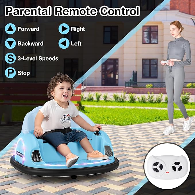 GLACER 12V Bumper Car, Electric Kids Bumper Car w/Parental Remote, 3-Speed, 360°Spin, Music, LED Light, Battery Ride on Bumper Car w/Dual Joysticks, Baby Bumper Car for Toddlers 18 Months+ (Blue)