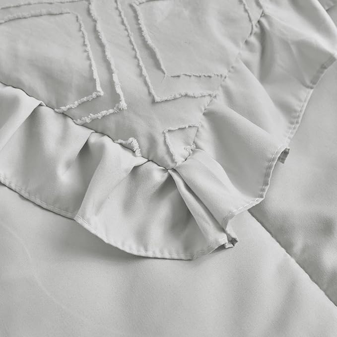 Mini Crib Bedding Set 3 Pieces Baby Boho Quilted Tufted Ruffles Comforter with Fitted Sheet and Ruffled Bed Skirt - Cute Shabby Baby Bedding Fits Mini Crib Only Light Gray