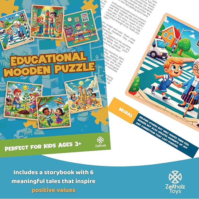 6 Educational Wooden Puzzles & Storybook, Teaches Kindness, Empathy & More – 6 in 1 Jigsaw Puzzle for Kids Ages 3-7 – Learn Real Values Through Stories – Montessori Puzzle Set 25 Pieces