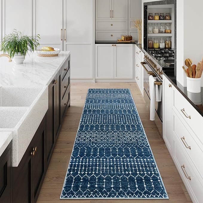 Lahome Moroccan Blue Runner Rug 2x6 Rug Non-Slip Stain Resistant Kitchen Rug