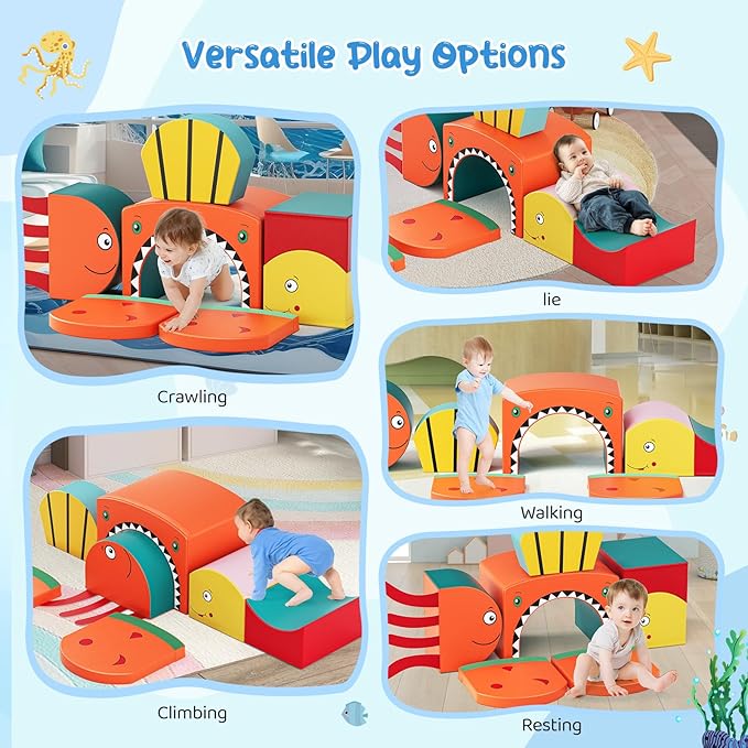Lischwert Foam Climbing Blocks for Toddlers, Shark Theme Baby Climbing Blocks Soft Play Climbing for Toddlers with Foldable Block and Tunnel Indoor Climbing Toys for Toddler 1-3, 6 Pieces