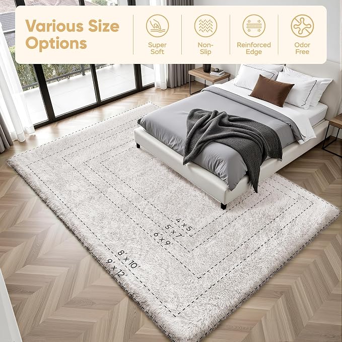 Area Rug for Living Room Bedroom: 9x12 White Soft Fluffy Shag Upgrade Non-Slip