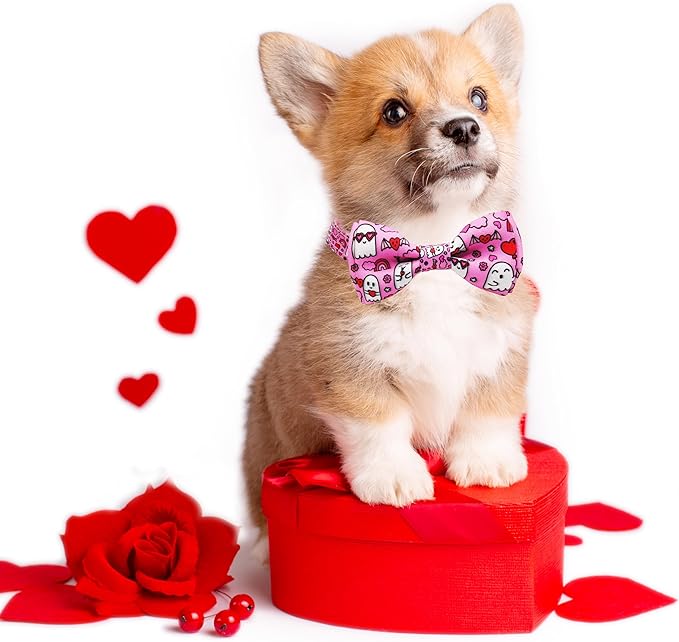 Valentine’s Day Dog Collar Adjustable Puppy Collar with Pink Heart and Flowers Pattern, Cute Pet Accessories for Small Medium Large Dogs