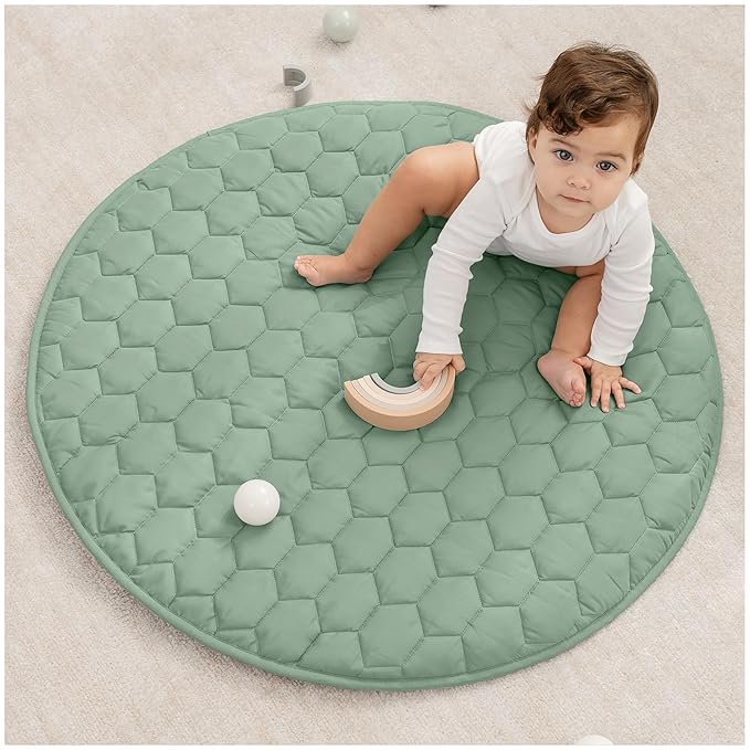 Comfy Cubs Round Kids Play Mat -Small 36 inches Soft Quilted Baby Floor Mat with Non-Slip Bottom - Plush Design for Toddlers' Playtime and Relaxation - Comfortable and Durable - Fern