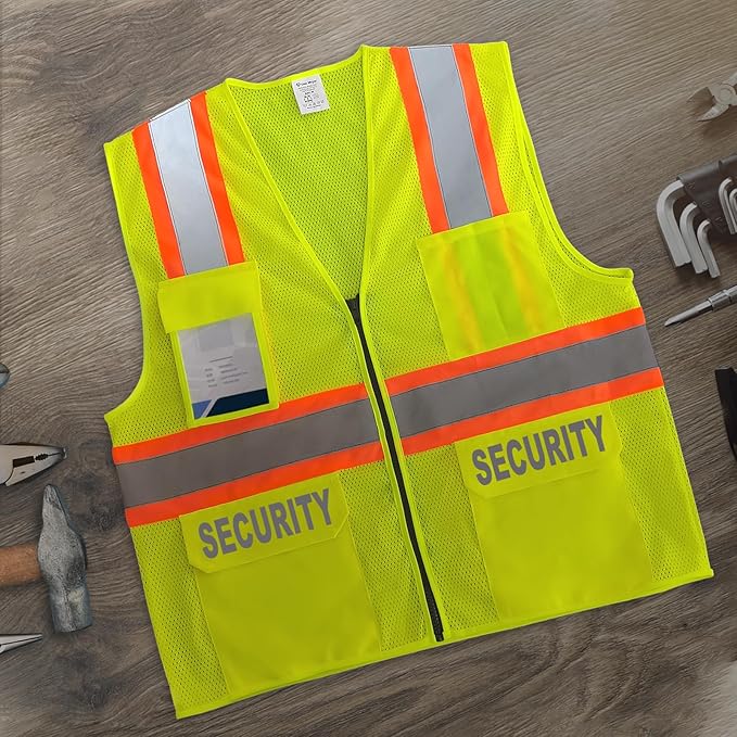 Security Vest for Security Guard, Hi Vis Mesh Vest with Pockets, High Visibility Safety Vest with Reflective Strips, ANSI Compliant, Yellow, M