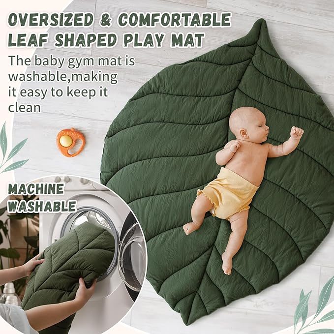 Baby Play Gym with Mat Leaf Shaped, Baby Play Mat with 6 Hanging Toys Tummy Time Mat, Baby Gym Activity Center, Washable (Green)