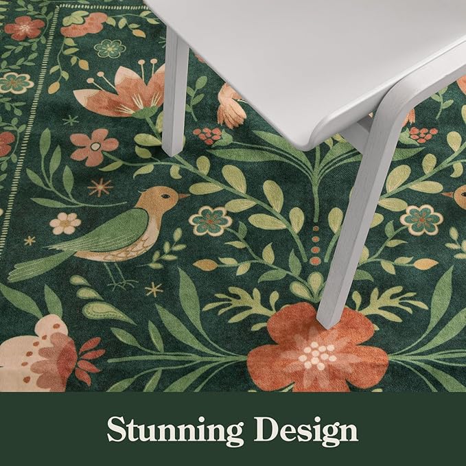 Moynesa Boho Bird 6x9 Area Rugs, Washable Ultra-Thin Dark Green Rugs for Living Room, Soft, Low Pile, Indoor Boho Large Throw Carpet for Bedroom Dining Room Under Table Office Playroom