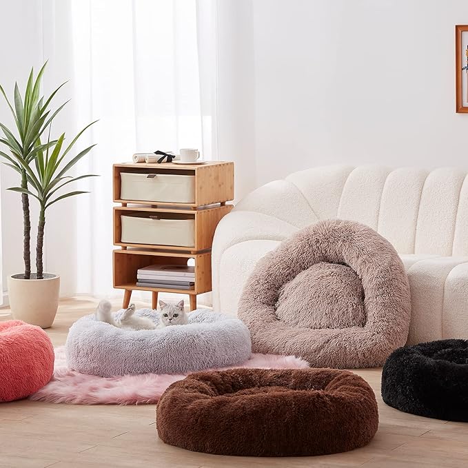 SunStyle Home Dog Bed Medium Size, Machine Washable Donut Round Calming Dog Bed, Anti-Anxiety Fluffy Plush Faux Fur with Anti-Slip Bottom Cushion for Medium and Large Pets