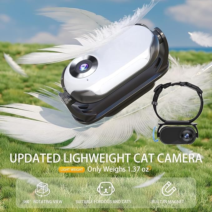 Cat Collar Camera, 1080p Pet Collar Camera, 170° Wide Angle Dog CollarCamera, Mini Ipx7 Waterproof CatsCamera, JPEG Photo and Avi Video Formats, CatCam Pro for Cats Dogs Outdoor (Black)