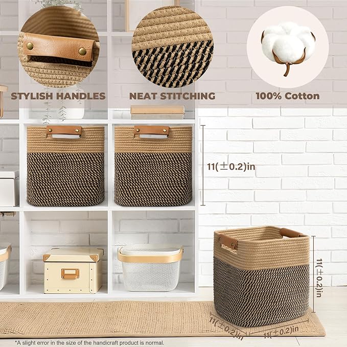 danpinera 3-Pack Cotton Rope Baskets for Storage, 11"x11" Cube Storage Cubes Store Toys, Towel, Snack, Storage Bins with Reinforced Stitching & Practical Handles, Black & Brown