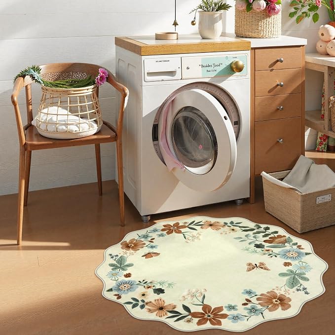 Lahome Floral Round Area Rugs, Washable Small Round Rug 3ft Non-Slip, Soft Boho
