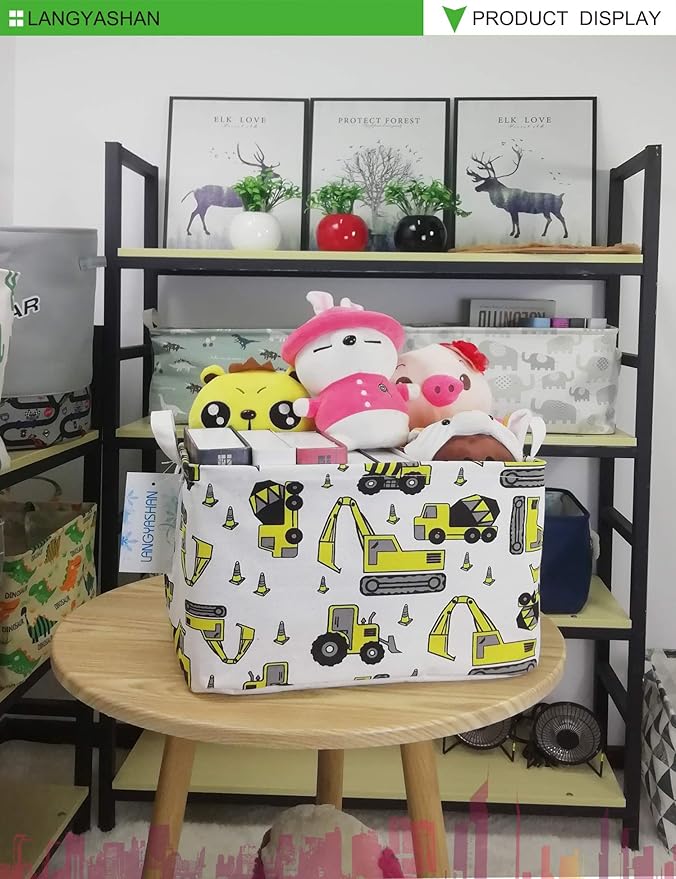 LANGYASHAN Rectangular Storage Bin Collapse Canvas Fabric Cartoon Storage Basket with Handles for Organizing Home Kitchen Boys and Girls Toys Office Closet Shelf Baskets (Rec Engineering Vehicle)
