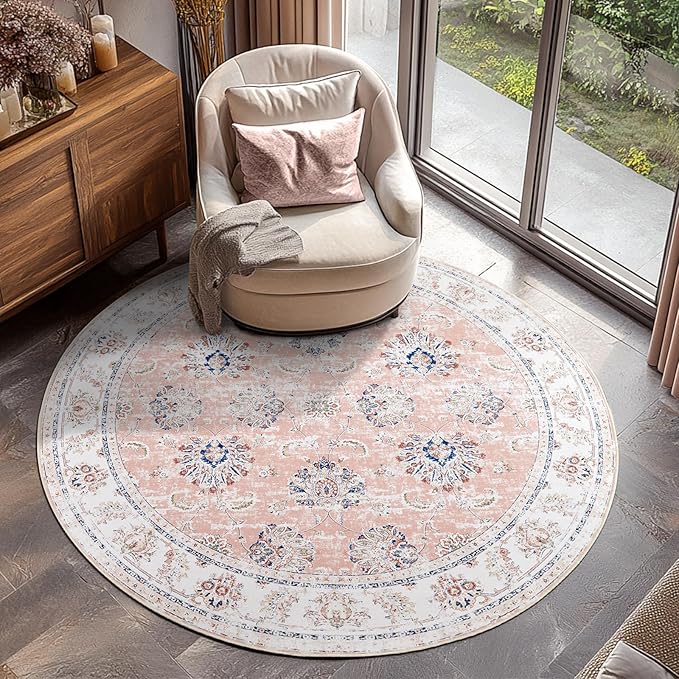 jinchan Round Rug 4ft Area Rugs Vintage Floral Distressed Design - Machine Washable Non-Slip Low-Pile Ultra-Thin Circle Rug for Entryway Bedside Living Room Dining Room Bedroom (4' Round,Pink)