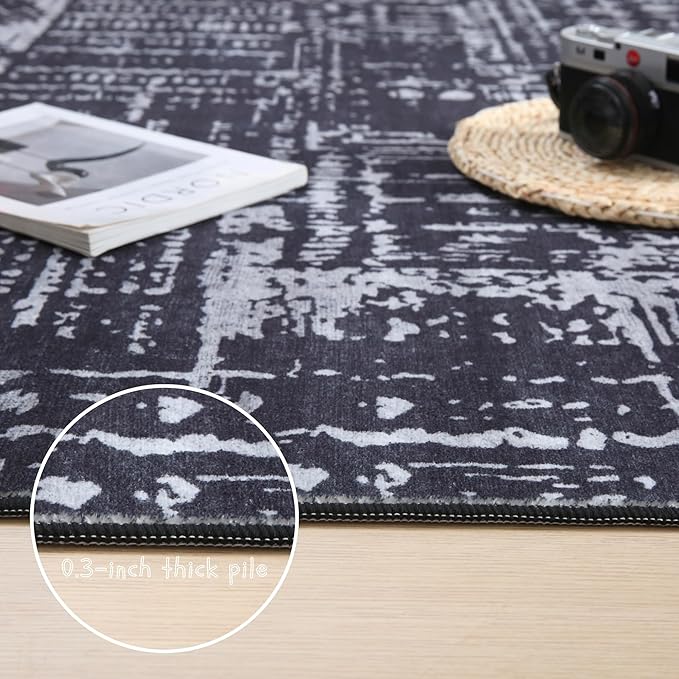 Area Rugs 8x10 Rug for Living Room Clearance Washable Boho Area Rug Non Slip Moroccan Vintage Low Pile Large Rug for Living Room, Bedroom, Farmhouse, Dining Room, Kids Playroom(Black)