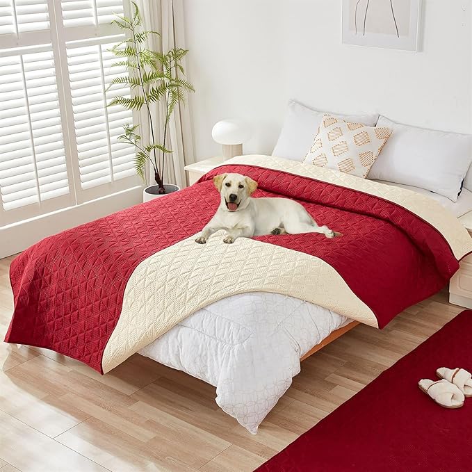 GIBZ Water Resistant Dog Bed Blanket Cover Large Anti Slip Pet Furniture Protector Washable Cat Quilted Mat for Couch, Red, 170x210cm