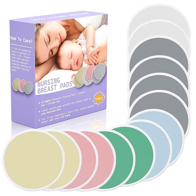 14 PCS Reusable Breast Pads for Breastfeeding – Washable Nursing Pads, Reusable Nursing Pads with Wash & Carry Bags, 4.7 Inch