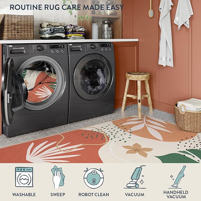 Lahome 4x6 Area Rugs, Washable Rug 4x6 for Living Room Soft Carpet for Bedroom Nursery Kids Room, Botanical Print Non-Slip Low Pile Carpet for Entryway Office Playroom Kitchen, Coral