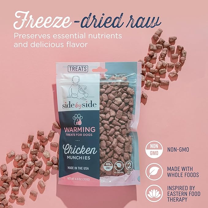 Side by Side Chicken Munchies - Warming Freeze-Dried Dog Treats - Ideal Dog Training Treats, Snack or Reward - Made of Whole Raw Ingredients, Free of Artificial Additives - USA Made (4oz., Pack of 2)