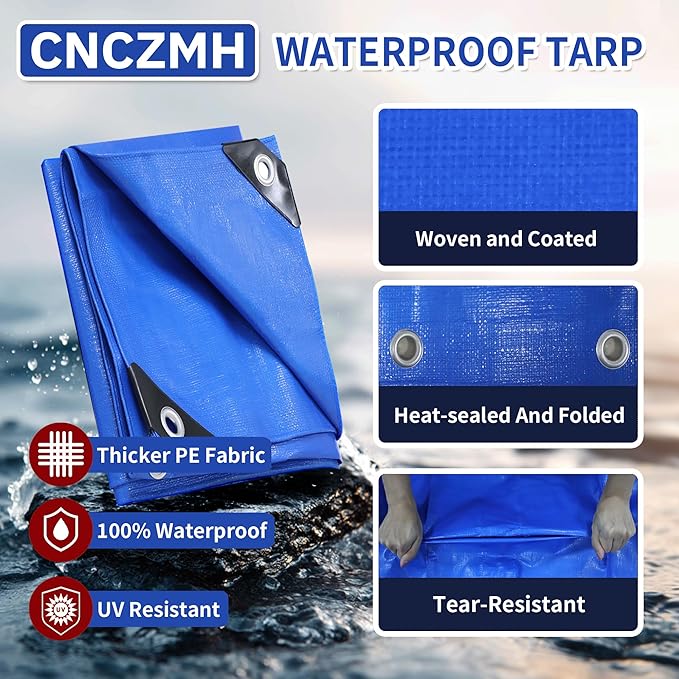 Tarp Heavy Duty Waterproof 12x20 Feet, 10 Mil Thick Blue Poly Tarps Outdoor, Metal Grommets, Reinforced Edges, Multipurpose Tarpaulin Protective Cover for Camping, Boat, Swimming Pools, Car