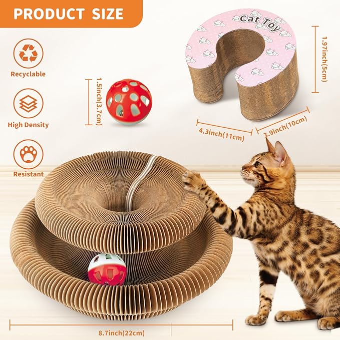 Collapsible Cats Cardboard Scratcher Interactive Pet Toys for Indoor Cats with Ring Ball Magnetic Kitten for Chase Scratch Pink