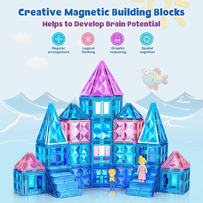Ice Castle Magnetic Tiles-Sparkling Building Blocks, 3D Educational Toys for Kids, Construction STEM Toys for 3 4 5 6 7 8 Year Olds, Birthday Gift for Boys and Girls