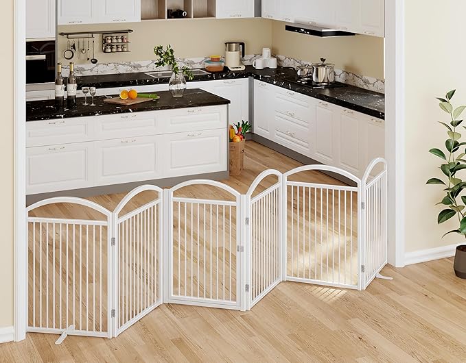 Folding No-Assembly Freestanding Dog Gate with Door,32" Heights Foldable Pet Fence,144" Extra Wide Accordion Puppy Folding Playpen for Doorways,House,Stairs (6 Panels,White)
