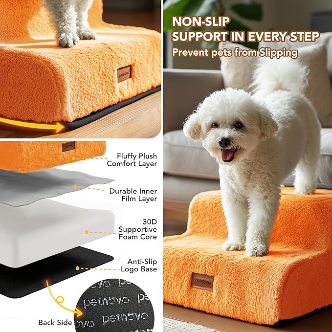 PETNOVO Ultra-Soft Rabbit Fur-Like Dog Stairs for Couch/Bed, Luxury Comfort 2-Step for Small & Senior Dogs, Non-Slip, Removable Washable Cover, Oeko-TEX Certified, 15.7" D x 15.7" Wx 11.8" H, Orange