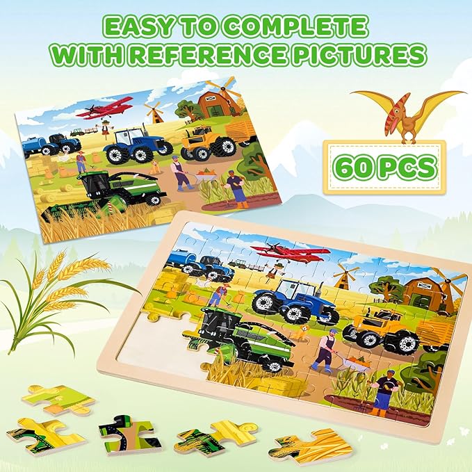 Wooden Puzzles for Kids Age 3 4 5 Year Old, 6 Pack 60 Pcs Toddler Jigsaw Puzzles for Girl Boy Animals Space Activities Preschool Learning Educational Birthday Gift Travel Autistic Wooden Toys