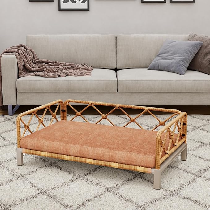 Outdoor Dog Bed, Elevated Dog Couch with Removable Cushion, Waterproof Rattan Wicker Orthopedic Indoor Raised Pet Sofa for Dogs, Cats, Pets (Brown)