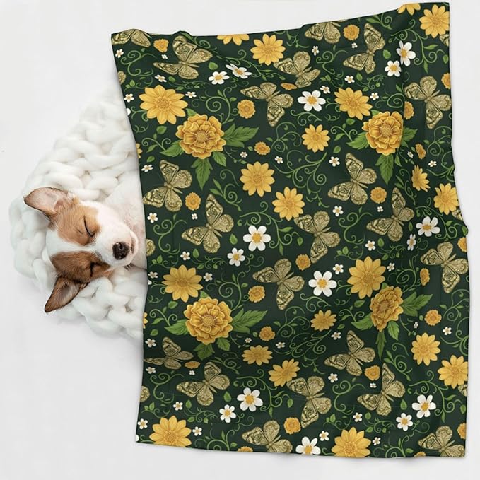 Reversible Pet Blanket for Sofa Protection Pet Comfort, Gold Flowers with Butterfly, Double Sided Design with Cozy Nubby Nap Side and Durable Smooth Play Side