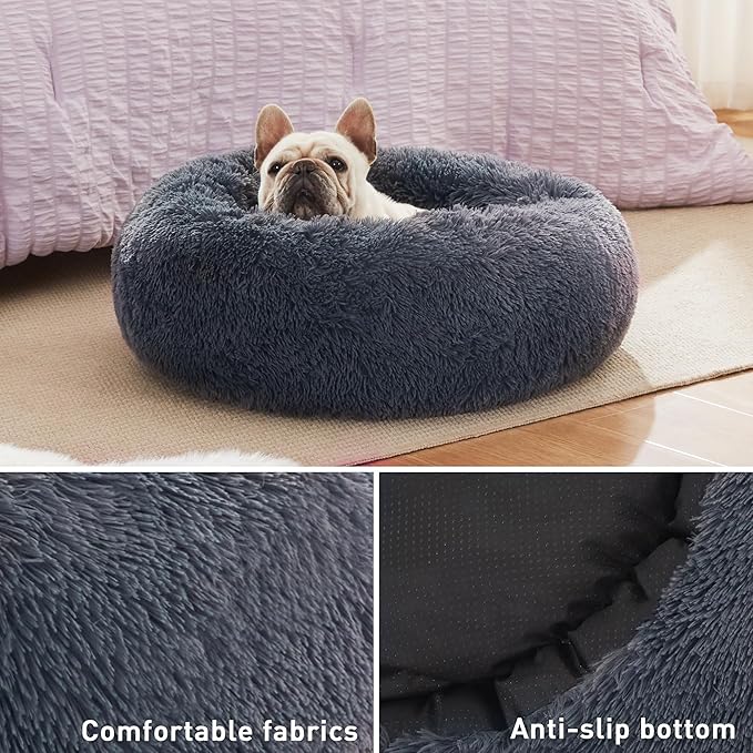 Love's cabin Calming Cat Bed for Indoor Cats,Anti-Anxiety Donut Round Dog Bed,Fluffy Faux Fur Washable Pet Bed for Small Medium Dogs and Cats,Bluish Grey,24in