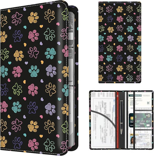 Premium Car Registration and Insurance Card Holder, Cute PU Leather Car Document Holder, Vehicle Glove Box Car Organizer with Magnetic Closure for Driver License, Cards Colorful Doodle Paws