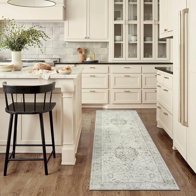 LIVEBOX Washable 2x6 Runner Rug for Bathroom, Non Slip Kitchen Mats for Floor Entryway, Boho Indoor Front Door Mat Low-Pile Runners for Hallways, Farmhouse Rugs for Bath Laundry, Taupe