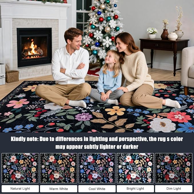 Area Rugs 9x12 Living Room: Floral Washable Rug Vintage Large Soft Boho Non-Slip Carpet Indoor Floor Stain Resistant Low Pile Carpets for Bedroom Dining Room Farmhouse Nursery Home Office Black