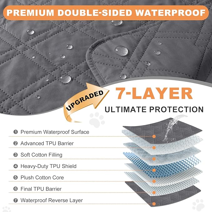 100% Waterproof Dog Couch Protector, Triple-Layer Waterproof Dog Bed Cover Pet Blanket Reversible 2-Tone Sofa Shield, Non-Slip Furniture Guard for Pets(68×82 Inch, Gray+Gray)