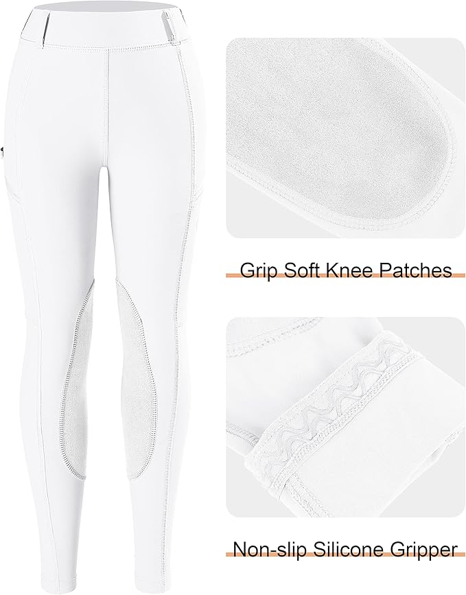 SANTINY Girls Horse Riding Pants with Zipper Pockets Kids Stretchy Equestrian Breeches Knee-Patch Youth Schooling Tights