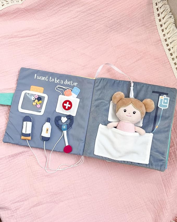 Interactive Sensory Soft Cloth Book, Educational Crinkle Quiet Activity Busy Book for Babies,Toddler Travel Toy Gift for Boys and Girls (I Want to Be)