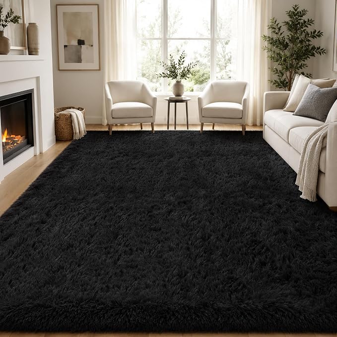 Area Rug for Living Room Bedroom: 6x9 Black Soft Fluffy Shag Upgrade Non-Slip