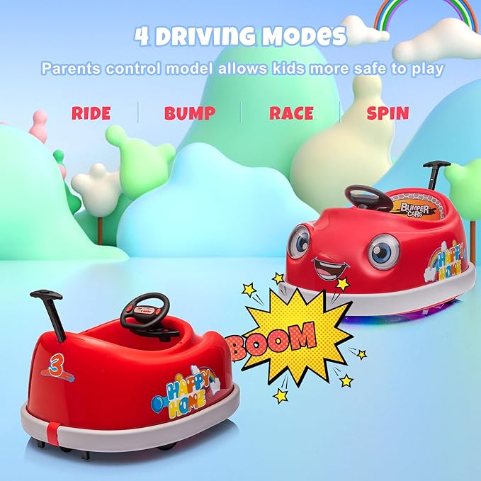 12V Dual Battery Electric Ride on Kids Bumper Car w/Remote Control,360 Degree Spin,Push Rod Rocker Horse Function,3-Speeds Babies & Toddlers Bumping Car Ride on Toy Gift for 1-4 Years Children (Red)