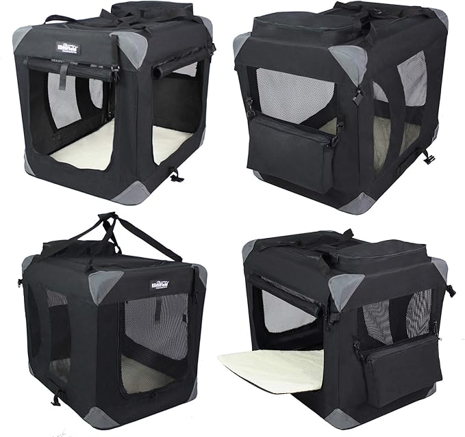 EliteField 3-Door Folding Soft Dog Crate with Carrying Bag and Fleece Bed (2 Year Warranty), Indoor & Outdoor Pet Home (20" L x 14" W x 14" H, Black)