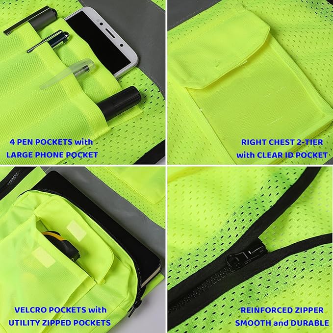 BeautyWill Custom Logo 10 Pack Safety Vest Mesh High Visibility Reflective Vest Customized Logo Utility Zipped Pockets Construction Workwear （Yellow,S）