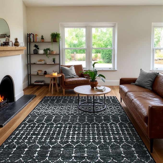 Lahome Moroccan Black Area Rugs 8x10 Living Room Non-Slip Backing Ultra-Thin