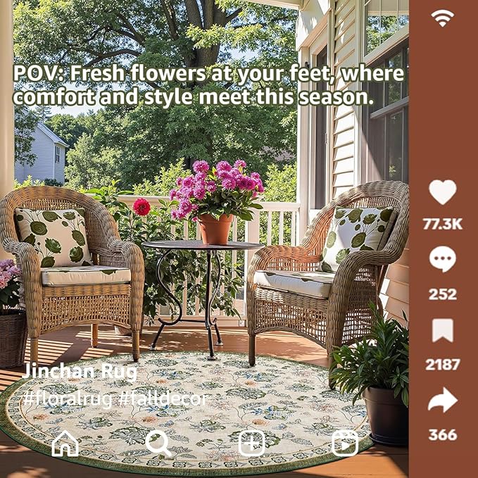 jinchan 8ft Floral Round Rug for Dining Room Washable Living Room Rug Vintage Romance Design Non Slip Indoor Floor Cover Lightweight Low-Profile Throw Carpet for Bedroom Porch Patio, Green/Beige