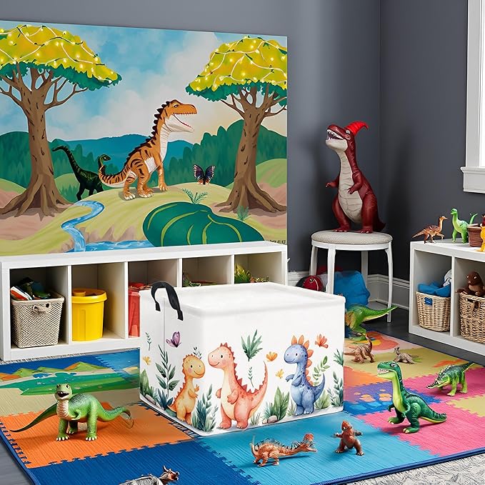 HIYAGON Rectangular Dinosaur Basket Kids Baby Storage Bin Toy Basket Organizer Box for Boys Dinosaur Room Decor(Colorful Dinosaur)